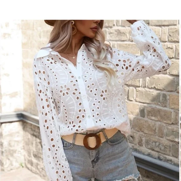 Boho Oversized Floral Sheer Eyelet Embroidered Lace Button Down Shirt Top Blouse - Picture 4 of 6